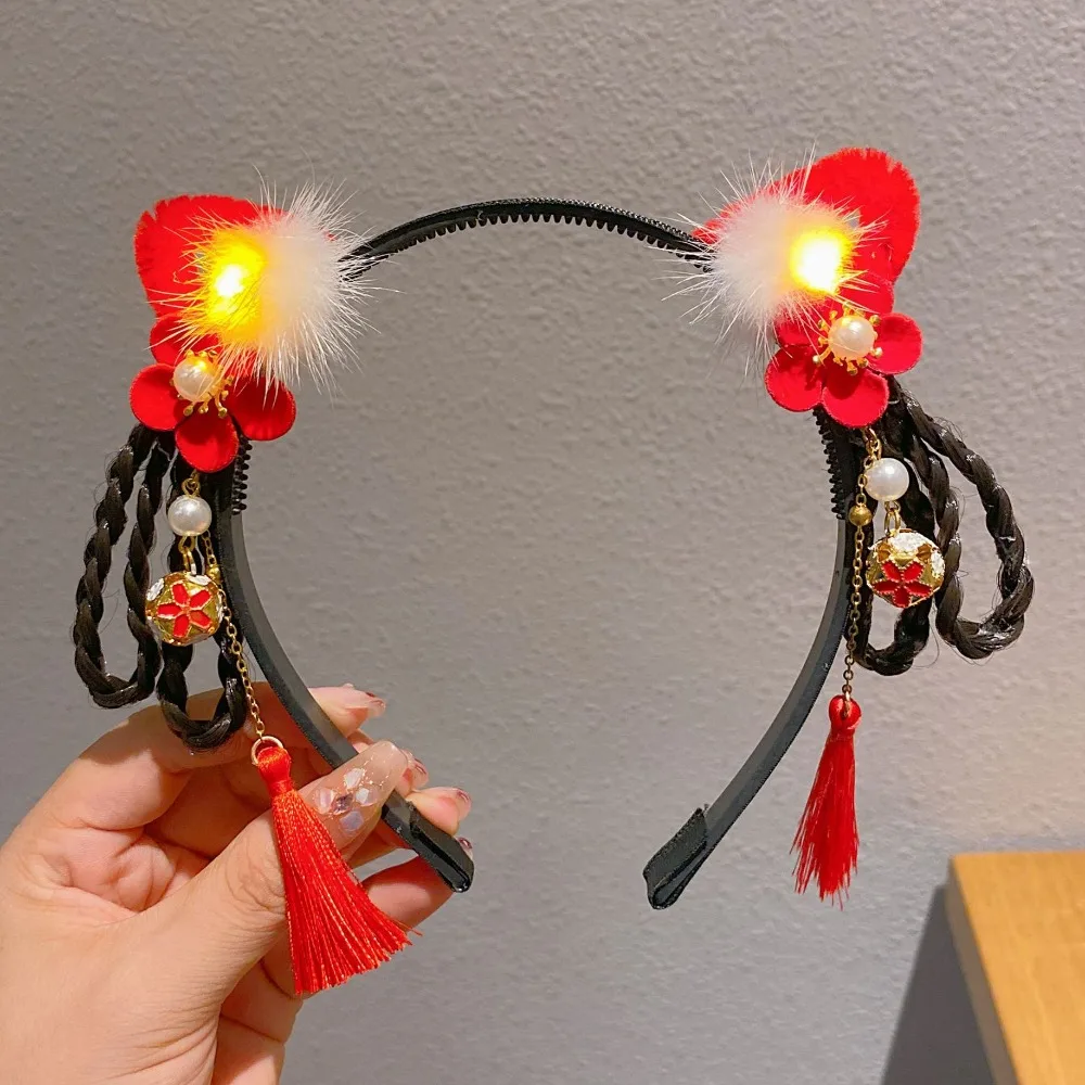 Sweet LED Glowing Hanfu Wig Headband Red Pigtail Wig Flower Tassel Hairband Cosplay Pearl Chinese Style Hair Hoop Girl