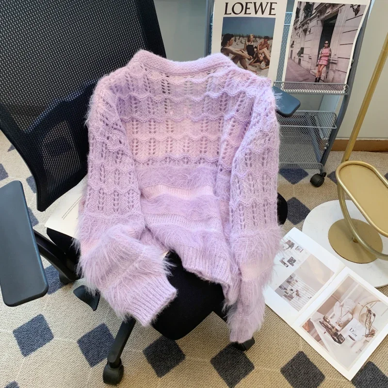 Women Purple Cardigan Knitted Sweater Harajuku 90s Aesthetic Y2k V-Neck Long Sleeves Sweaters Vintage 2000s Clothes Autumn 2024