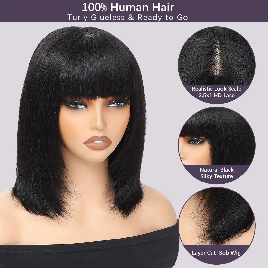 밥 본 스트레이트 인모 가발 브라질리언 헤어 오리지널 1b 블랙 가발 앞머리 포함 풀 머신 프린지 가발 인모