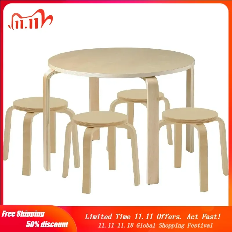 4Kids Bentwood Round Table and Stool Set, Kids Furniture, Natural, 5-Piece