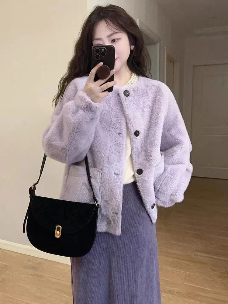 

Утепленная фиолетовая куртка из мягкой искусственной кожи с мехом, с белыми вставками, женская верхняя одежда, свободный крой, милый стиль