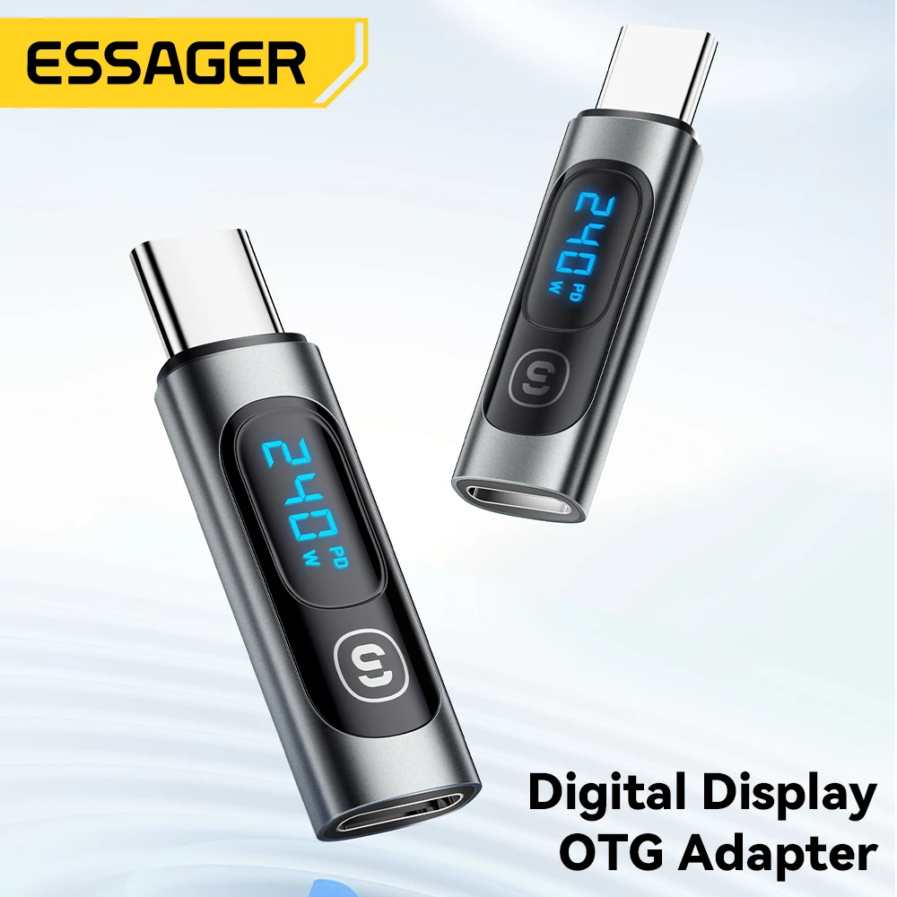 ESSAGER 240W Adaptador 5A USB4 Pantalla digital Tipo C a Tipo C OTG 8K Transferencia de video para iPhone 16 15 Samsung Tablet Laptop