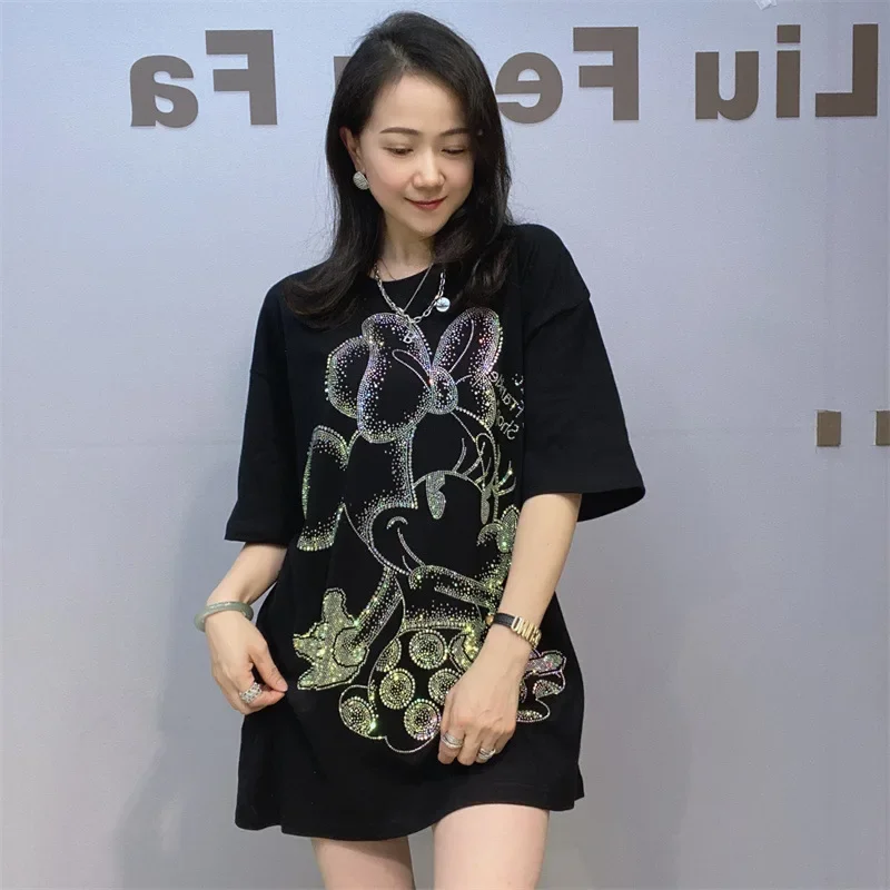 

Свободная футболка большого размера для женщин со стразами и мультяшным узором, пуловеры с короткими рукавами и круглым вырезом, женская футболка Женская Одежда, большие размеры