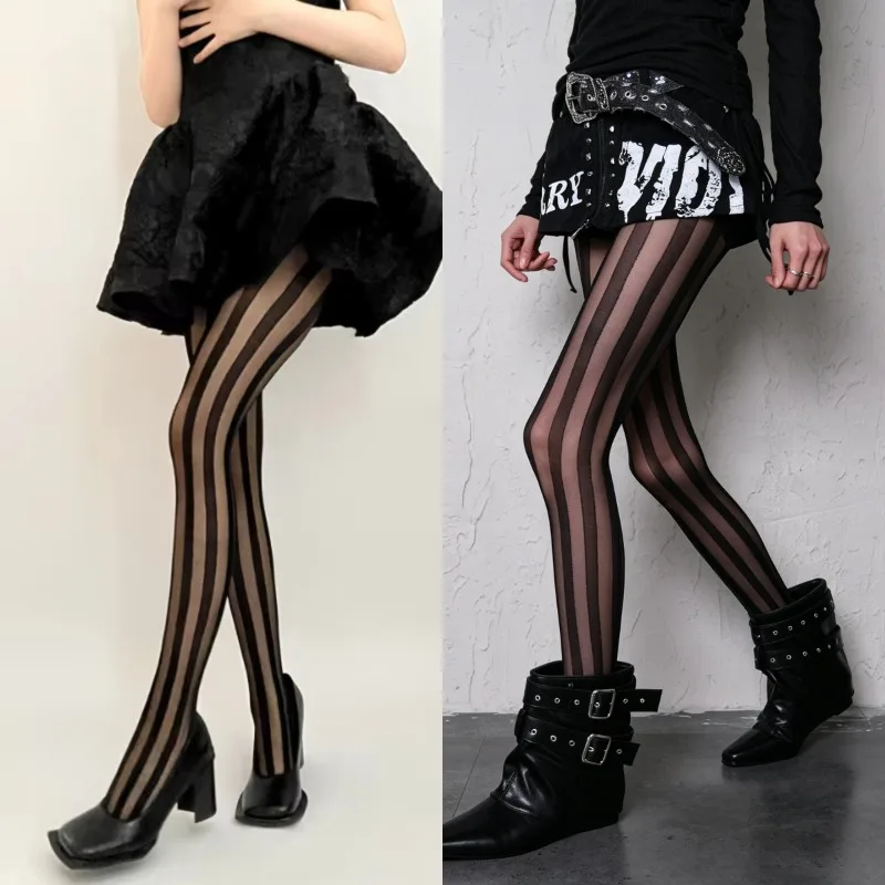 2 Pairs Stripe Tights Spring Summer Sexy Women Black Sheer Tights Nylon Thigh High Stockings Anti-hook Thin Pantyhose Hosiery