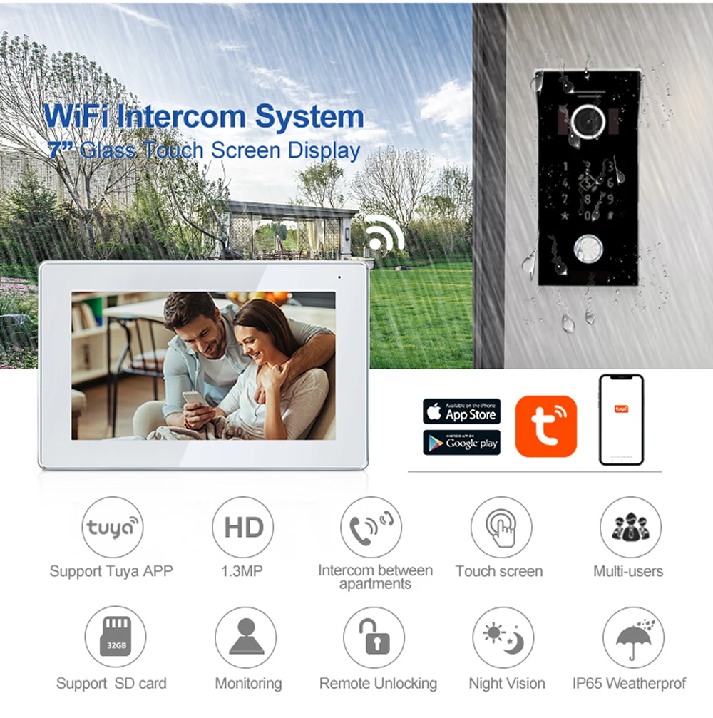 Tuya-Visiophone avec Détection de Mouvement, Wi-Fi, POE, 7 Pouces, Sonnette, Caméra, RFID, Système de Clavier à Code, pour Maison, Appartement
