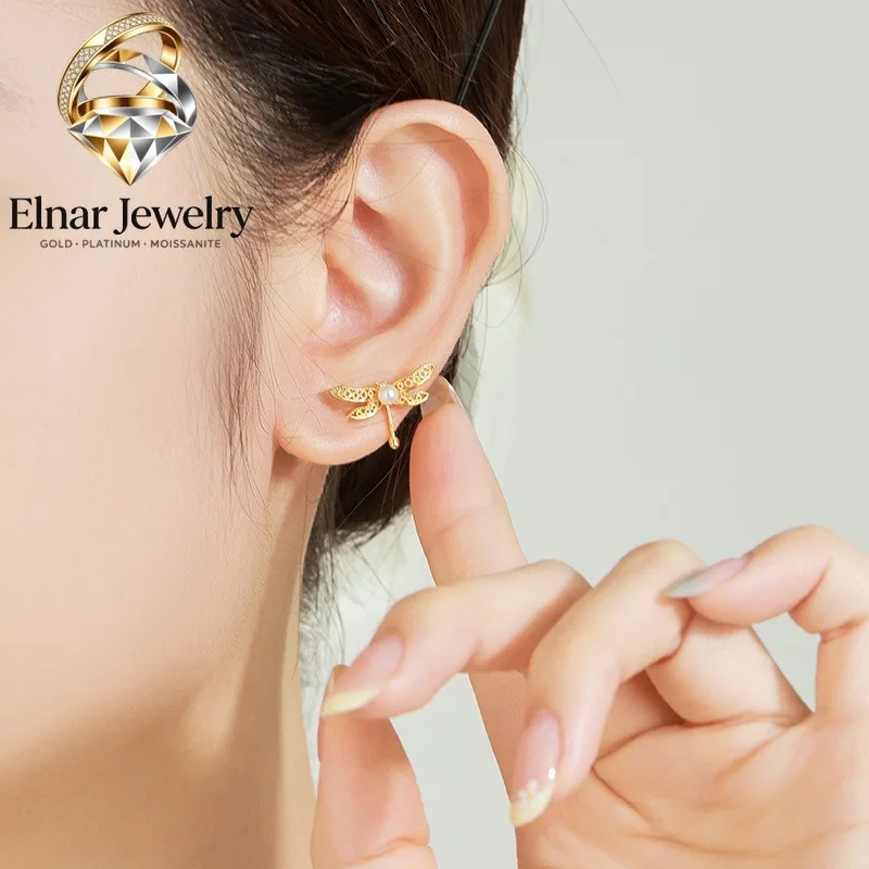 Elnar Jewelry Luxury 24K 9999 Pure Gold real gold Women's Dragonfly Earrings with Pearl
