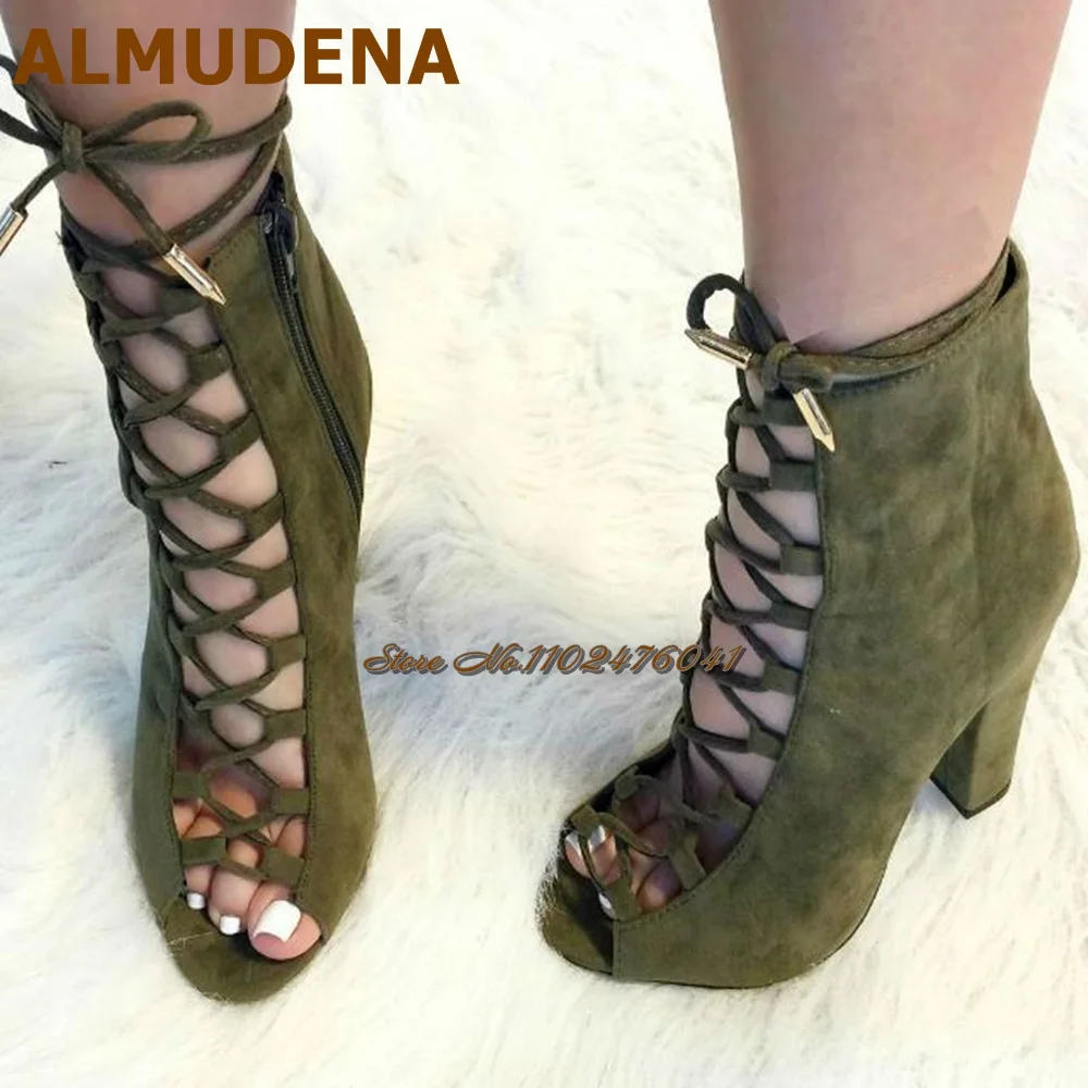 

ALMUDENA Military Green Suede Chunky Heel Ankle Boots Cross Strappy Lace-Up Open Toe Sandal Booties Women Evening Dress Pumps