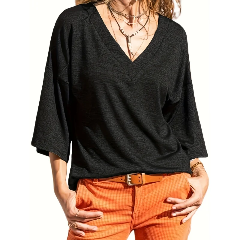 Women's 3/4 Sleeve-Shirt Summer V-Neck top Vintage Basic-Shirt