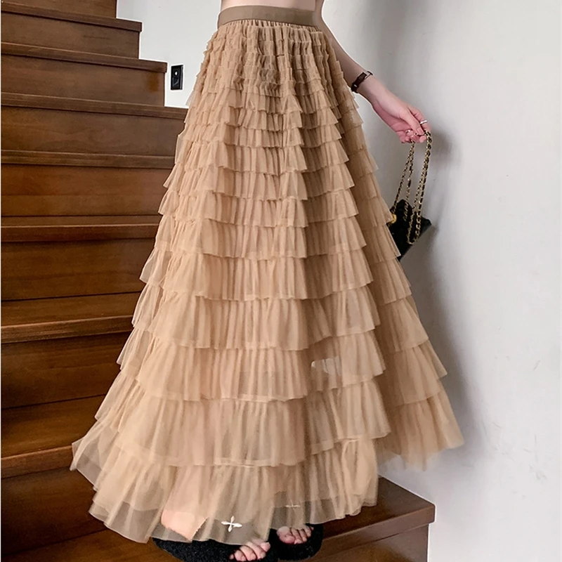 Mesh Chiffon Skirt Spring Autumn Dress 2024 Women's Fashion Prom Maxi Mid-Length Cake Skirt Chic Evening Midi Fairy Yarn Skirt