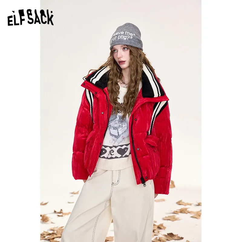 ELFSACK 2024 Winter New Arrivals Striped red contrast velvet fabric stand collar short down jacket for women