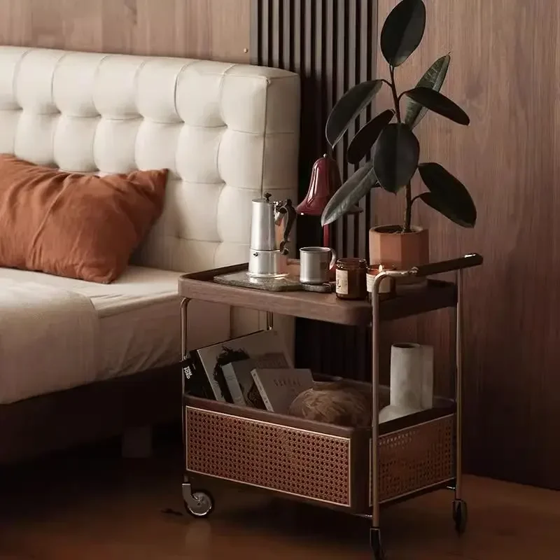 Solid wood removable side few bedside small table sofa side cabinet medieval rattan trolley bedroom bedside table