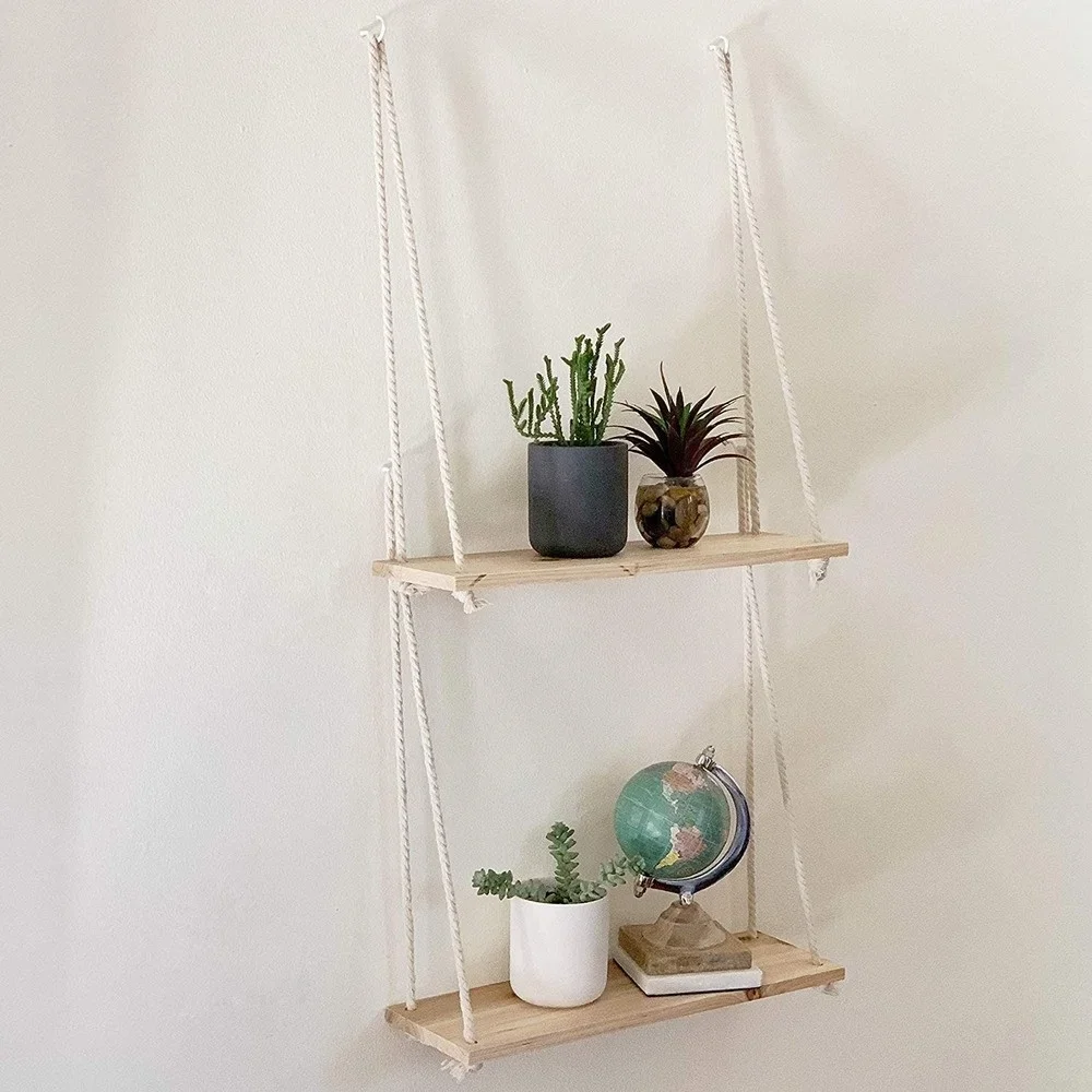 Wood Swing Hanging Rope Wall Mounted Floating Shelves Plant Flower Pot Indoor Outdoor Decoration