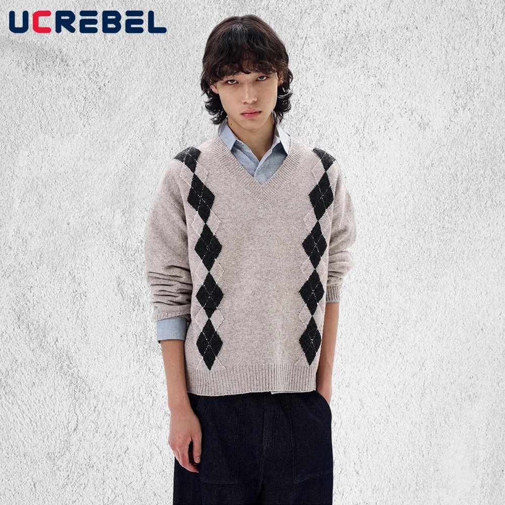 

Argyle Jacquard Sweater Mens Autumn Winter Retro Streetwear Loose Long Sleeve V-neck Knitted Pullover Man