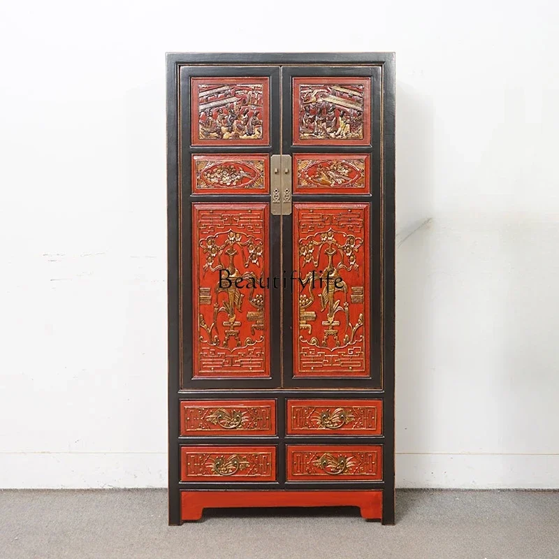 

*Chinese retro all-solid wood gold-painted porch storage cabinet locker