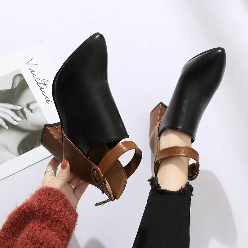 Women Boots British Style Zipper Chunky High Heels Plus Size PU Leather Pointed Toe Ankle Boots Belt Buckle Casual Shoes Botines