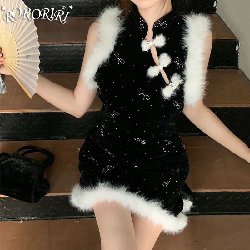 RORORIRI Fur Trim Tank Women Cheongsam Glitter Rhinestone Bow Pattern Mini Velvet Dress Neo-Chinese Thermal Warm Winter Clothes