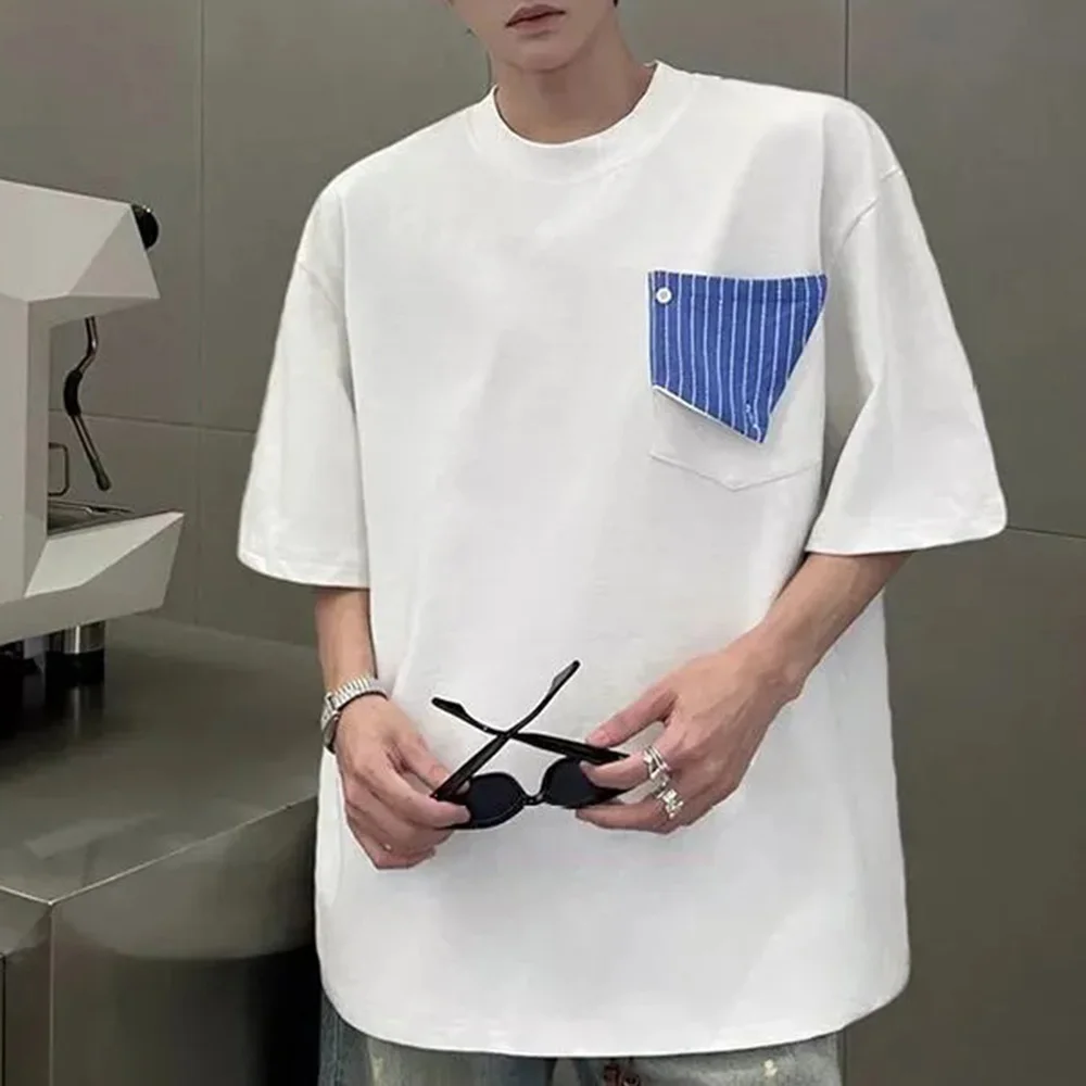 

2025 Summer New Men's Striped Pocket Short-sleeved T-shirt Korean Retro Simple Casual Fashion Trend Loose Breathable Men's Tops