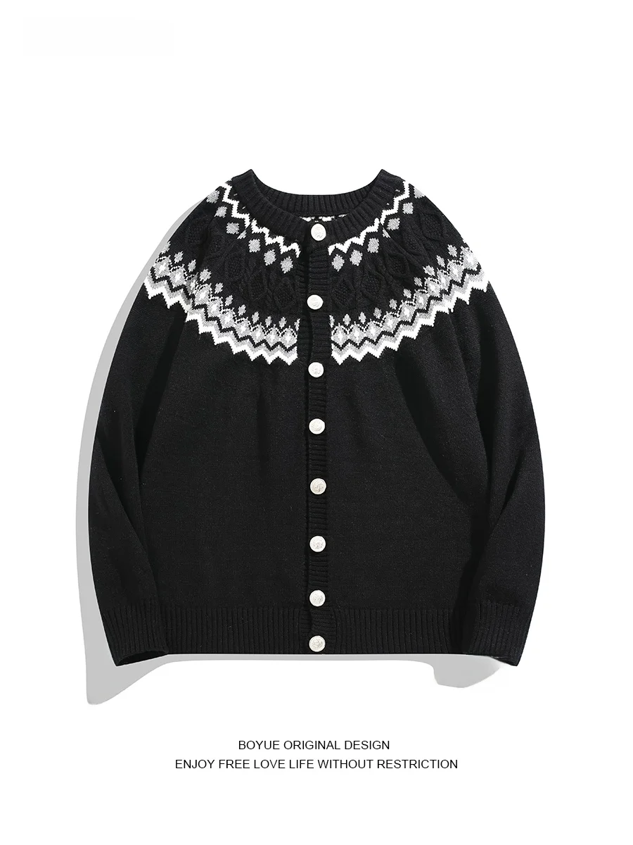 

Вязаный кардиган Boyue Fair Isle для мужчин и женщин, осенне-зимний, теплый, с узором «косы», повседневный, с длинными рукавами
