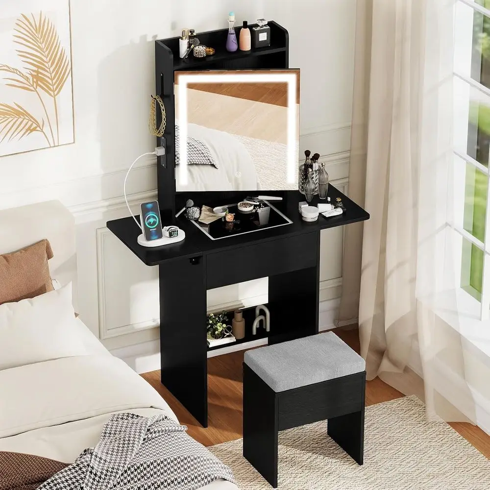 Compact Vanity Desk with Lighted Mirror, Charging Station, and Storage for Small Spaces