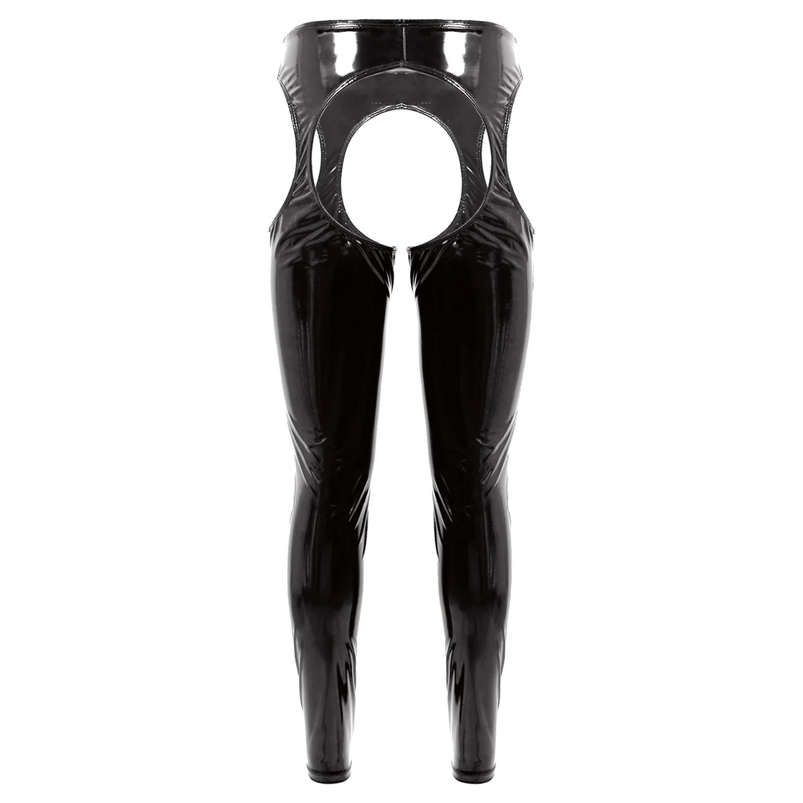 Mens Wetlook Crotchless açık popo pantolon PVC deri uyluk-yüksek tayt pantolon tayt yüksek bel kesme kutup dans pantolon kulübü