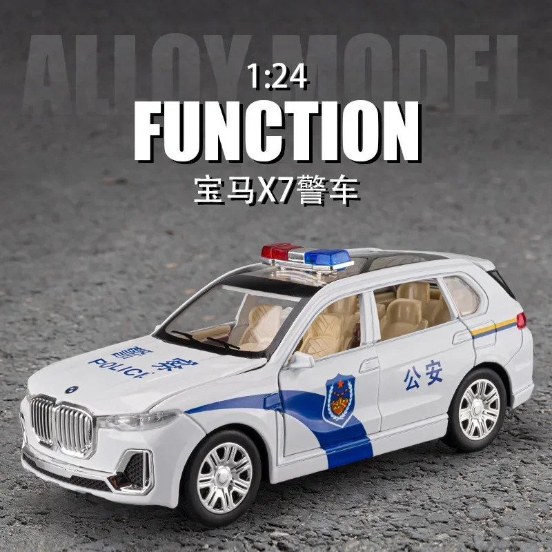 1:24 DLA BMW X7 Samochód policyjny Wysoka symulacja Diecast Metal Alloy Model samochodu Dźwięk Światło Pull Back Kolekcja zabawek Prezenty