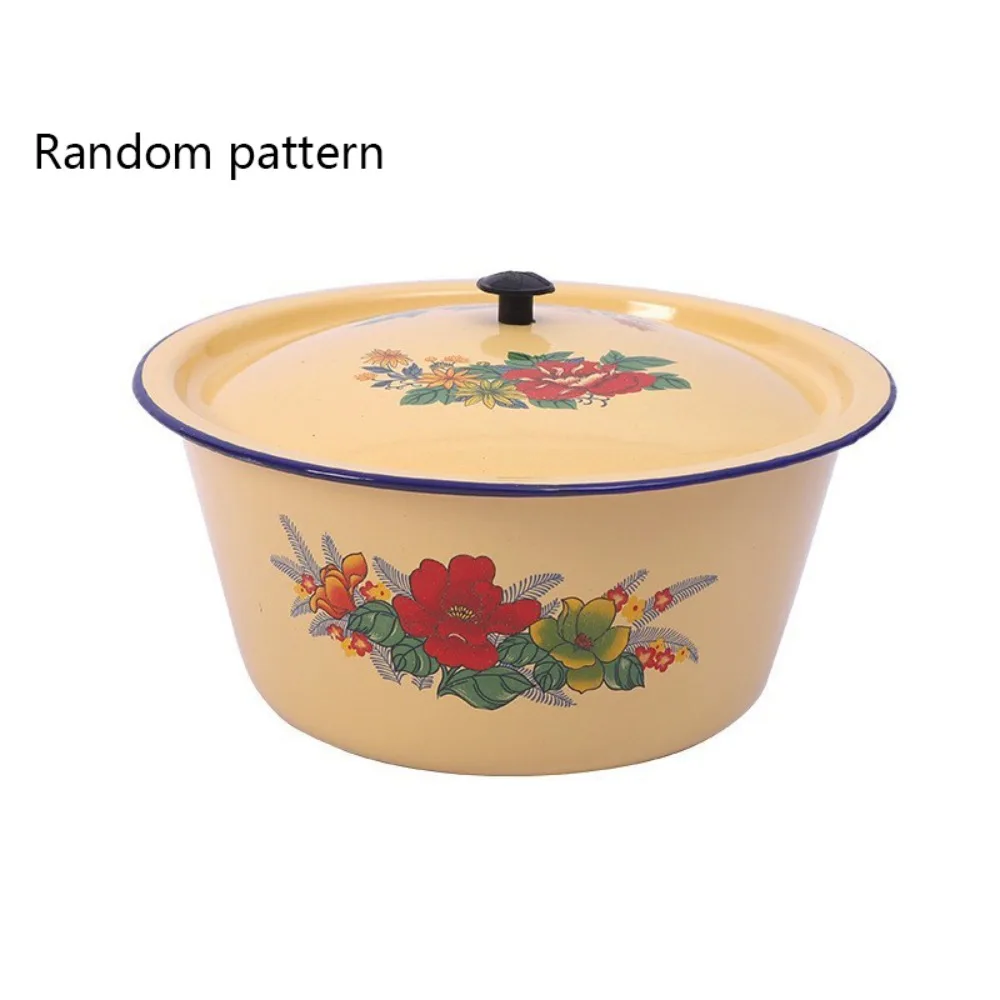 

Salad Serving Pot Vintage Enamel Bowls Yellow Random Pattern Strawberry Cake Basin with Lid Rustproof Soup Container Noodle