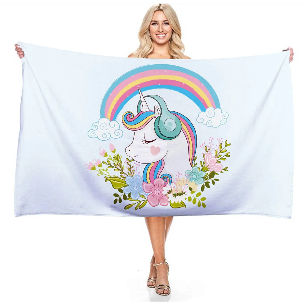 Cartoon Gradient Flower Unicorn 3D Digital Print Rectangular Beach Towel for Boys and Girls Outdoor Swimming Bibulous Bath Towel