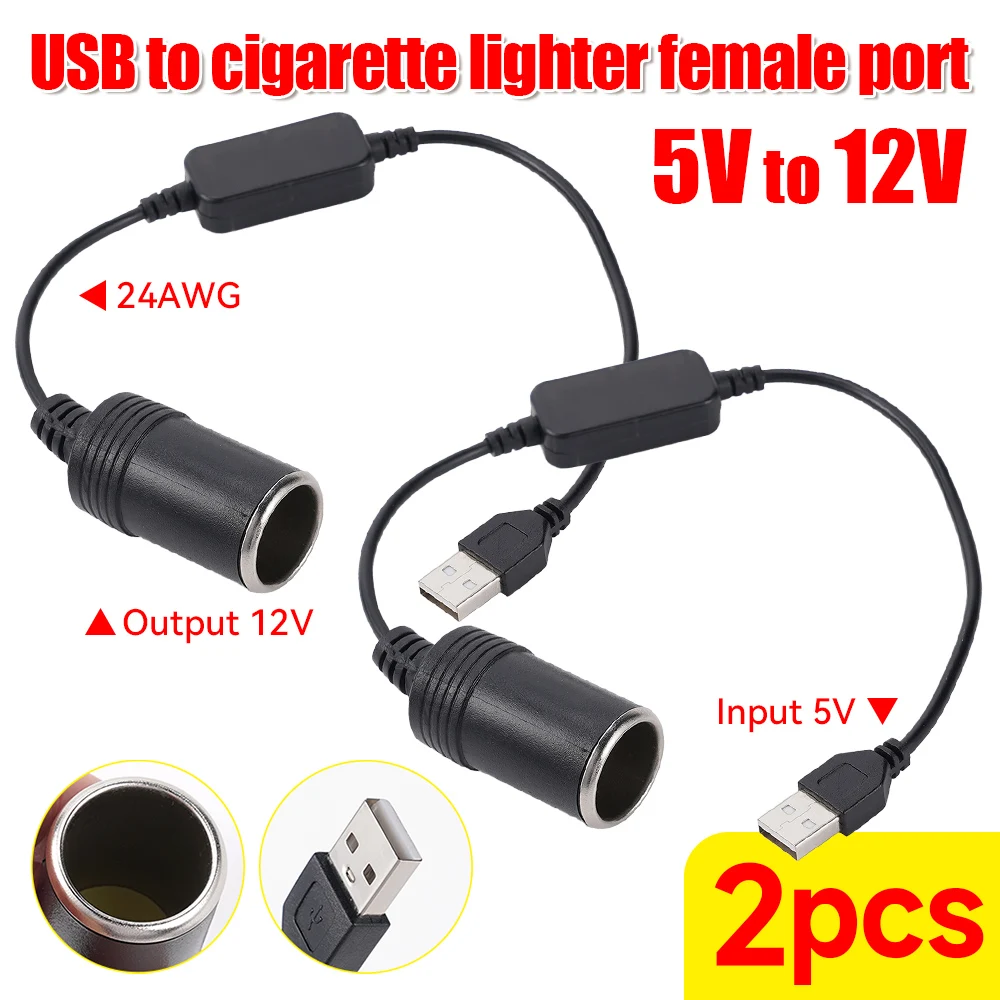 1/2Pcs USB 5V to 12V Adapter USB Male to 12V Car Cigarette Lighter Socket Female Power Supply Converter Cable Output 12V