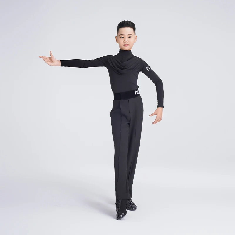영국 라틴 댄스 드레스 남성용 블랙 하이넥 긴팔 탑 디자인 에디션 공연 훈련복