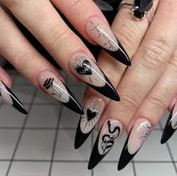 24 long water droplet shaped black snake French irregular line wearing nail art pieces&1 rubbing strip&1 jelly gel