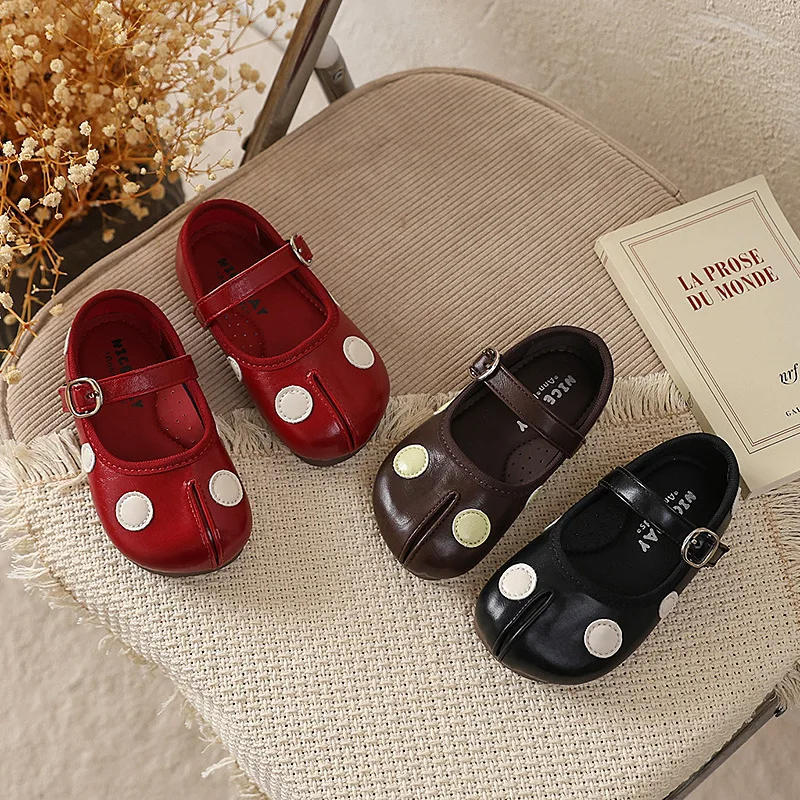 Mary Jane Shoes Girls Kids Flat Split-Toe Design Dot Low Cut Hook Loop Little Princess Shoe Red 2026 Autumn Baby Match Dress