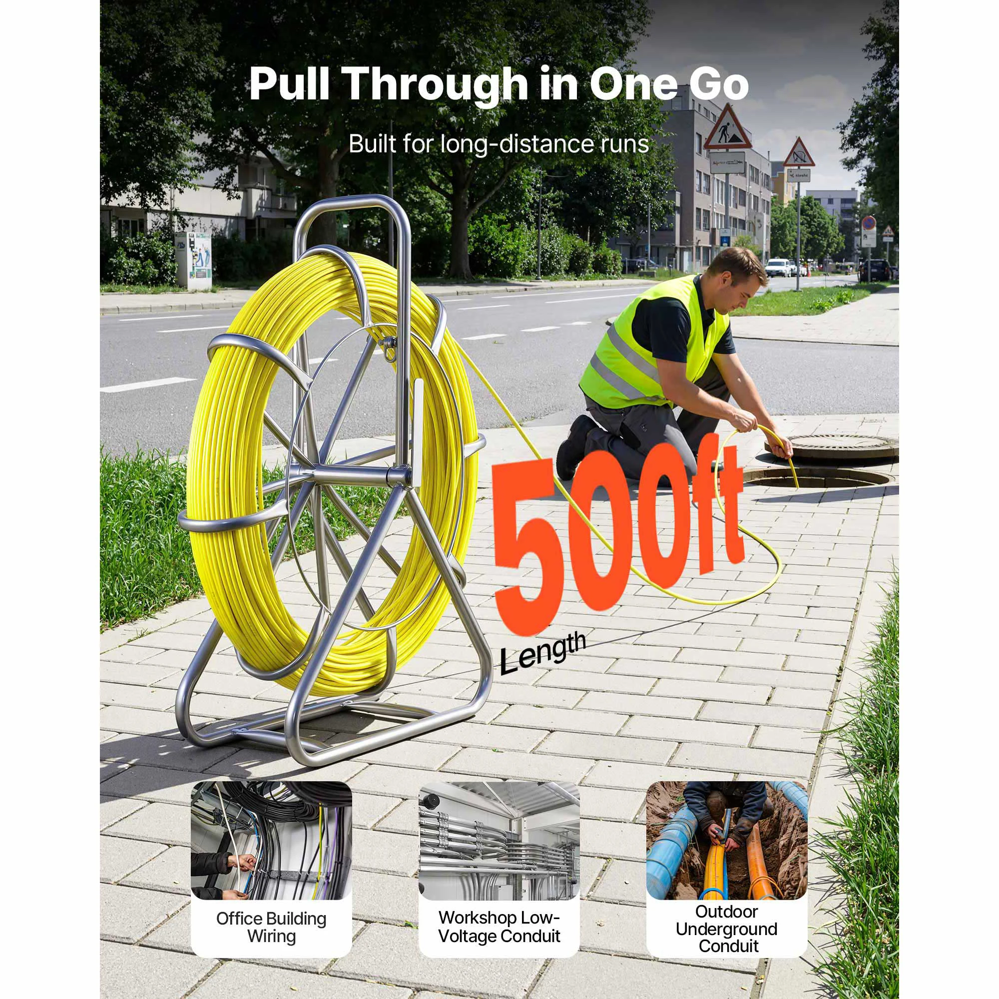 Fish Tape Fiberglass, 500FT 6.3MM, 1/4-Inch Cable Running Rod, Marked Every 5 Feet, Duct Rodder Fishtape Wire Puller with Stand, Fishing Tools for Walls and Electrical Conduit, Non-Conductive