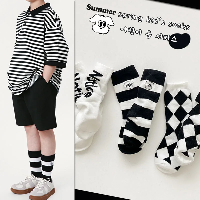 

Children's Socks Spring Summer Black White Cotton Sock Boys Girls Trendy Plaid Pattern Kids Crew Socks