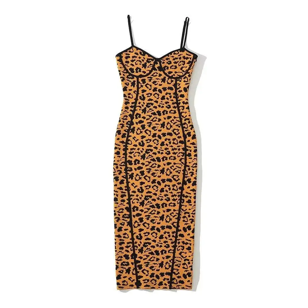 Women Leopard Yellow Camisole Dress Knitted Slim Stretchable Midi Backless Dresses