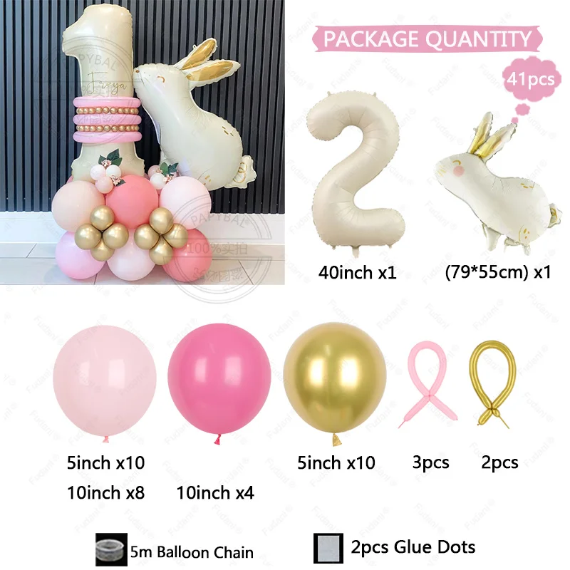 41Pcs Balloons Cute Rabbit Series Theme Pink Latex Balloons for Bridal Baby Shower Bachelorette Birthday Party Decoration