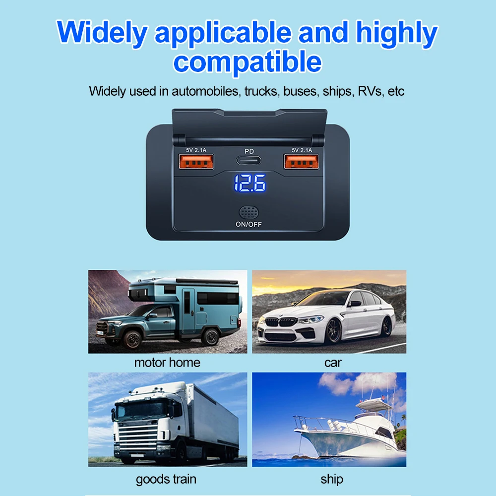 ملحقات السفينة المعدلة Qc3.0 Pd 2.1A شاحن سريع 12 فولت-24 فولت مع عرض جهد التبديل مناسب للسفن والسيارات والشاحنات #5