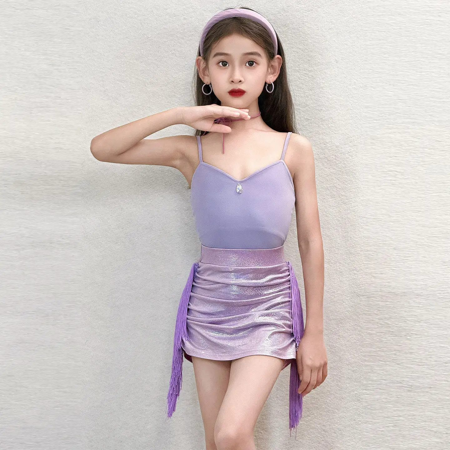 2026 Children Purple Sling Tops Split Skirts Latin Practice Outfits For Girls Samba Chacha Tango Dress Kids Latin Wear XH5096