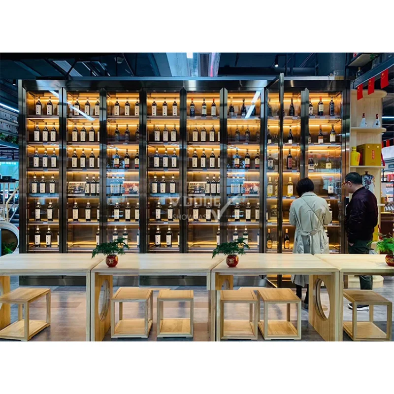 

Индивидуальный заказ. Современный роскошный настенный шкаф для вина и виски из нержавеющей стали с термостатом и LED-подсветкой.