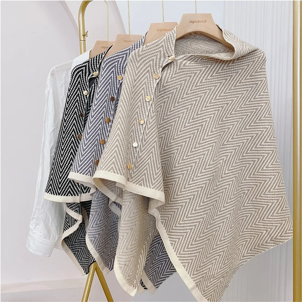 

Two Use Style 9 Colors Korea Version Faux Cashmere Wave Striped Scarf Women Autumn Winter Outstreet Button Shawl Warm Capes