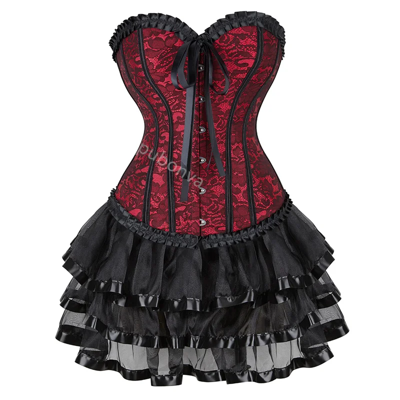 Vestido espartilho tutu skrits conjunto overbust com renda traje festa sexy burlesco senhoras roupa plus size gótico dia das bruxas vermelho preto