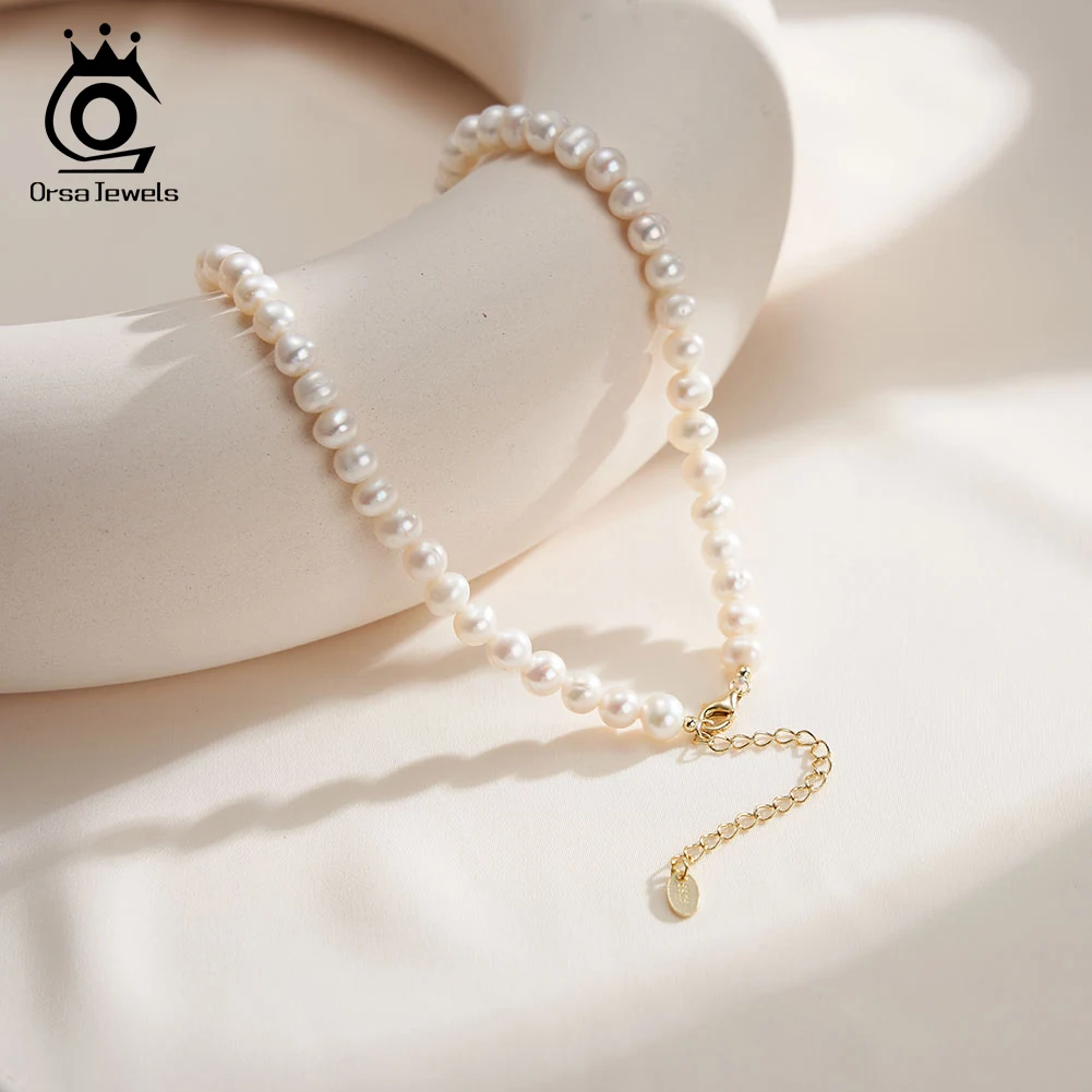 

ORSA JEWELS 7mm White Freshwater Pearls Chain Necklace Elegant 14K Gold Plated Natural Pearls Beaded Neck Chain Party Gift GPN74