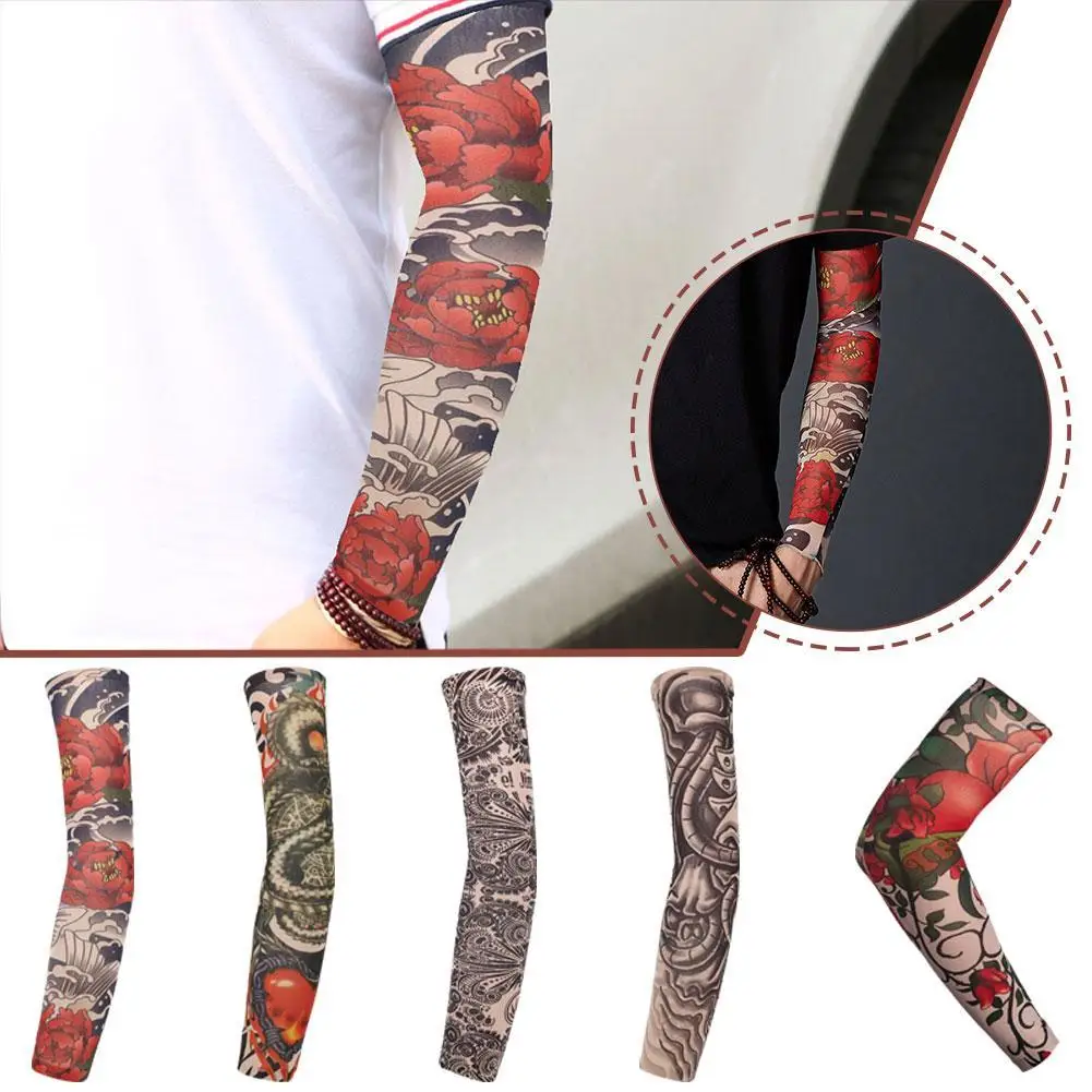 5 Style Tattoo Arm Sleeves Sun UV Protection Arm Cover Fishing Motorcycle Bicycle Outdoor Sport Seamless Elastic Cool Printed