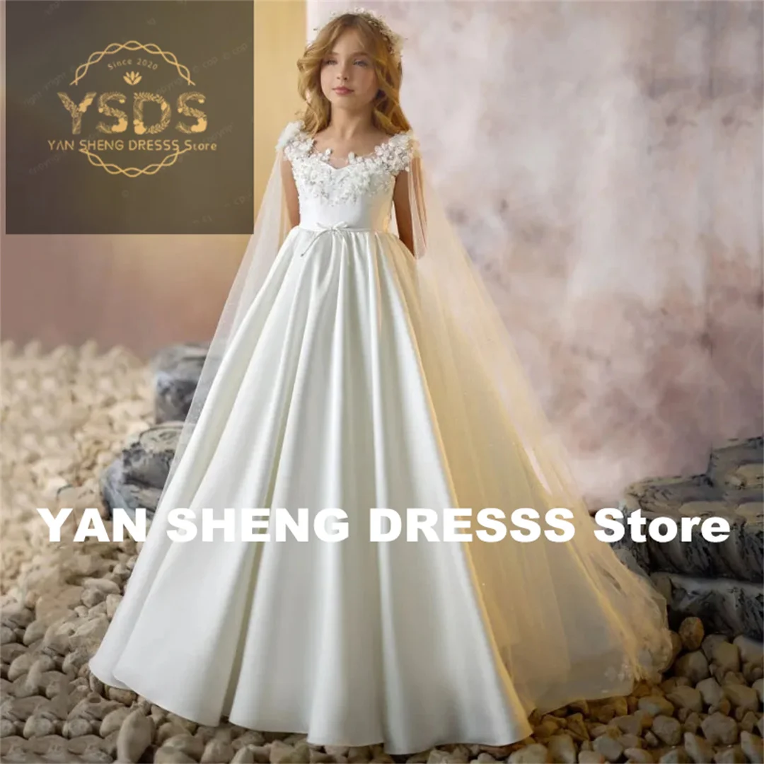 Vestidos personalizados para meninas, vestidos de cetim branco com apliques sem mangas para festa de aniversário de casamento, vestidos de banquete de comunhão sagrada