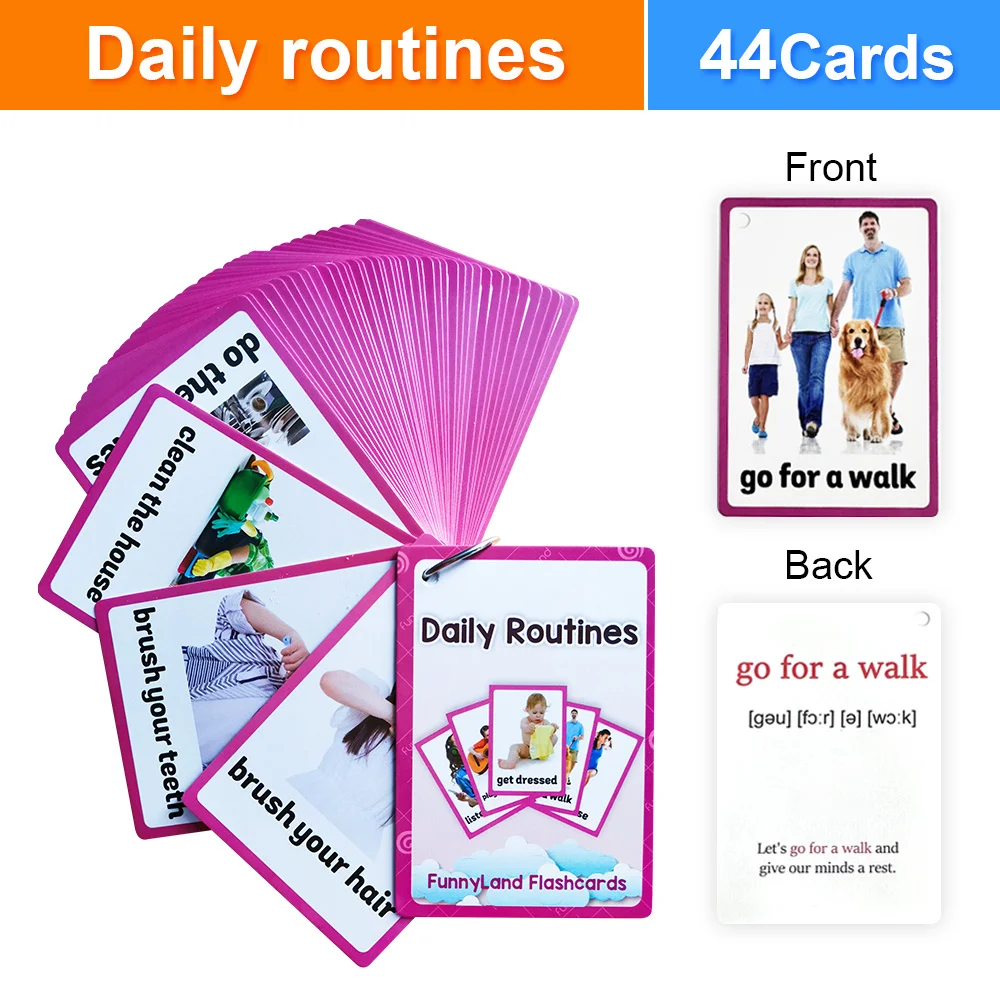Tarjetas Flash Montessori para rutinas diarias para niños de 2 a 6 años, gestión de rutina impermeable, juguetes educativos de vocabulario en inglés