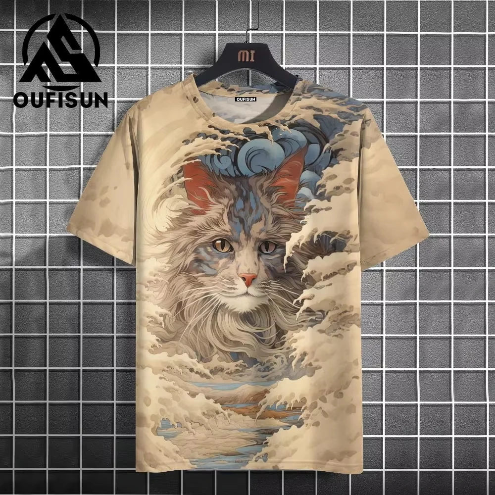 T Shirt For Men Aniaml Cat Print Short Sleeve Harajuku O-Neck Pullover Streetwear Fashion Outdoor Tees Oversized Men‘s Clothing