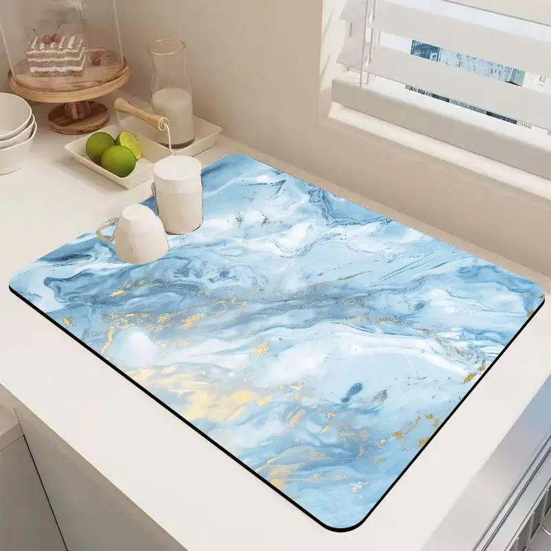 VIKAMA Blue Gold Foil Fluid Marble Coffee Bar Mat Waterproof Absorbent Anti-Slip Espresso Counter Drying Mat Non Slip Counter