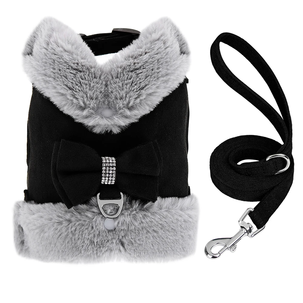 Warmes Fell Welpen Hunde geschirr Leine niedlichen Bowknot Hunde Katzen geschirre gepolsterte Haustier Weste mit passendem Führ strick für Hunde Katzen Winter – Detail 6