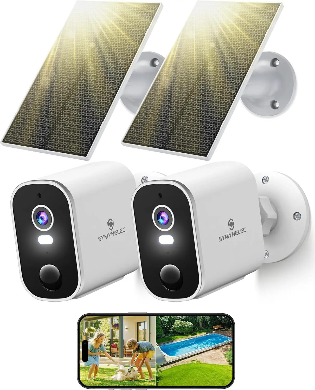

Беспроводные уличные камеры видеонаблюдения 2K Solar Security, комплект из 2 штук, с цветным ночным видением, функцией обнаружения людей, водонепроницаемые, совместимые с Alexa