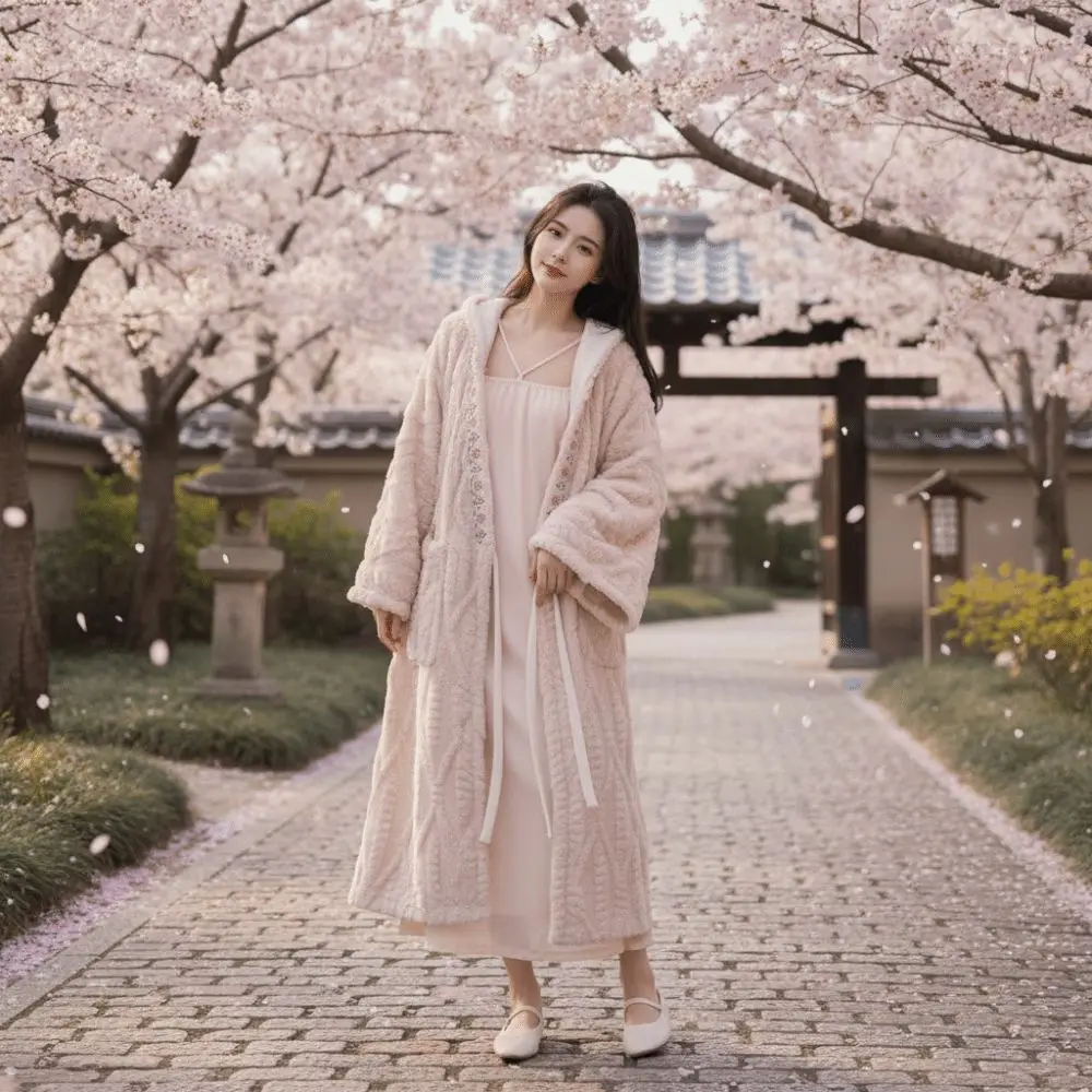Loose Flower Coral Fleece Sleepwear Plush Winter Flannel Long Sleeves Night-robe Sweet Home Wear Cloak Hooded Nightgown Gifts