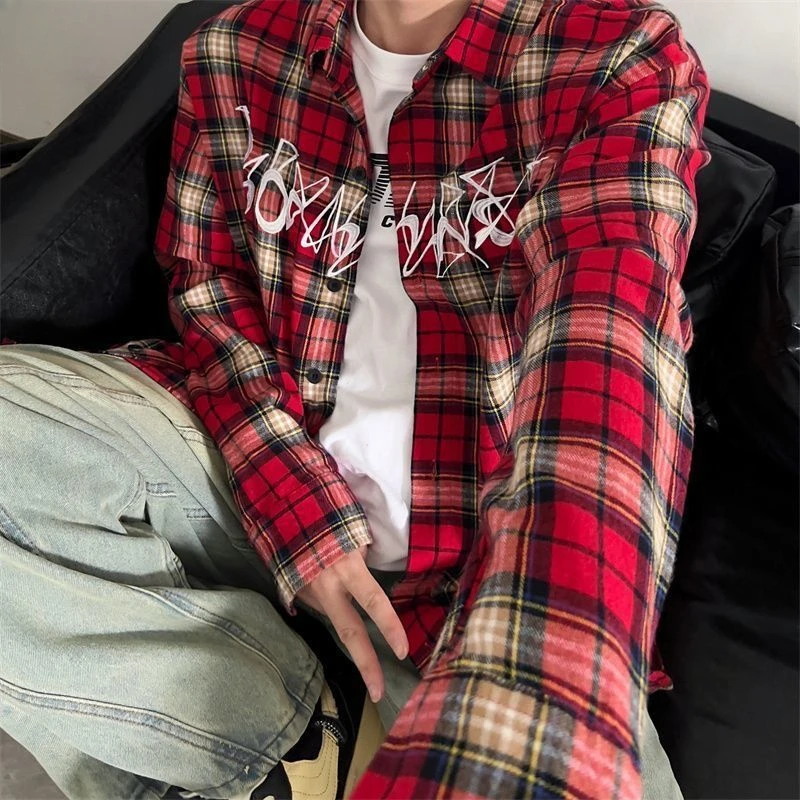 Spring Autumn Red Black Plaid Shirt Vintage Embroidery Long Sleeve Oversized Lapel Shirt Blouse Korean Style Casual Female Shirt